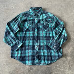 Vintage 80s BJ R Western Flannel Plaid Pearl Snap Shirt Size XL Green Distressed